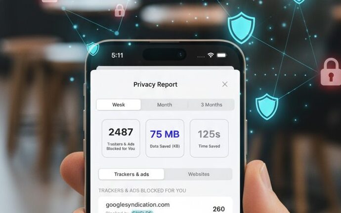A close-up, high-angle shot of a person's hand holding a white smartphone. The phone's screen displays a 'Privacy Report' from a web browser. The background is a slightly blurred image of a public space like a coffee shop or airport, with faint figures and tables visible, hinting at a public Wi-Fi setting.