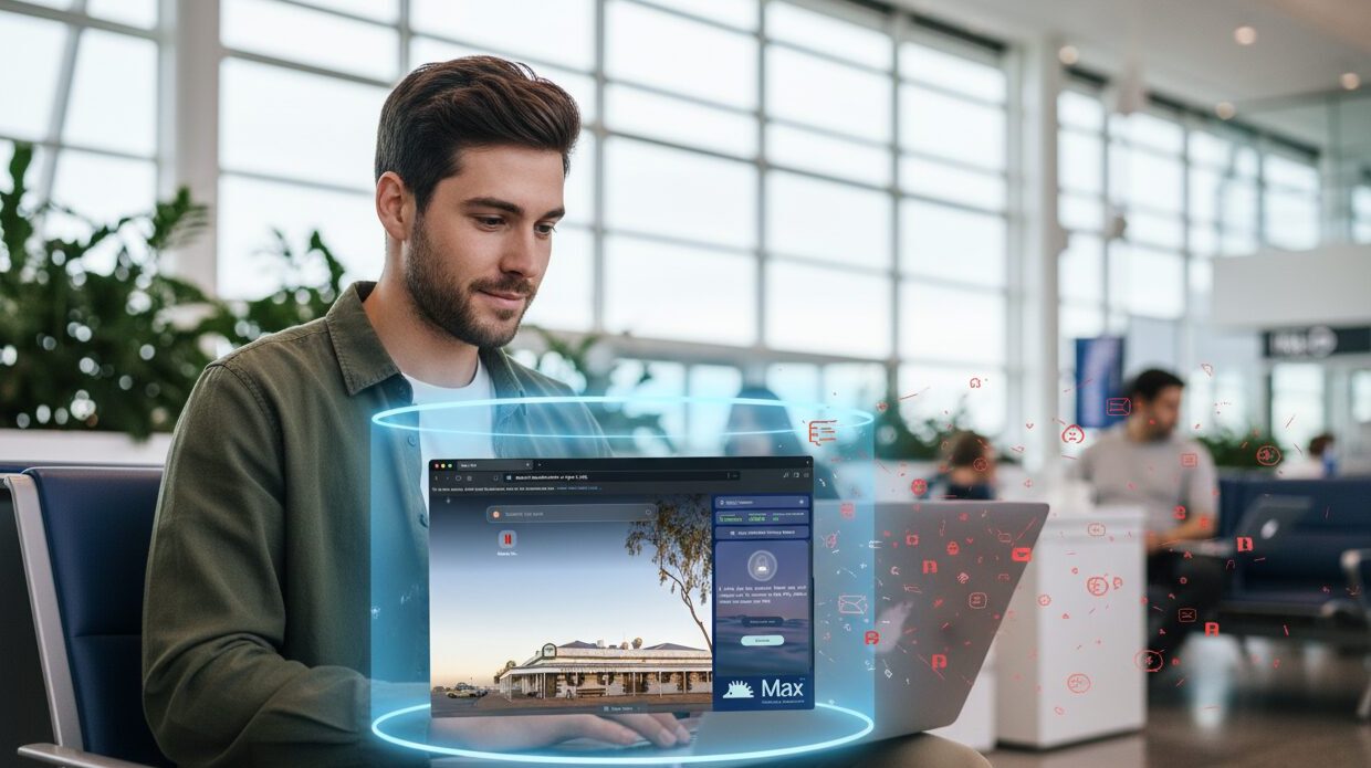 A person using a laptop with a digital shield, displaying the Max Browser interface, in an airport lounge.
