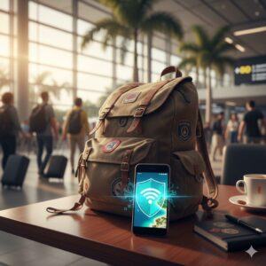 A backpacker's well-worn rucksack sits on a wooden table in an airport, next to a smartphone. The phone displays a Wi-Fi symbol overlaid with a security shield icon, symbolising safe internet browsing while travelling.