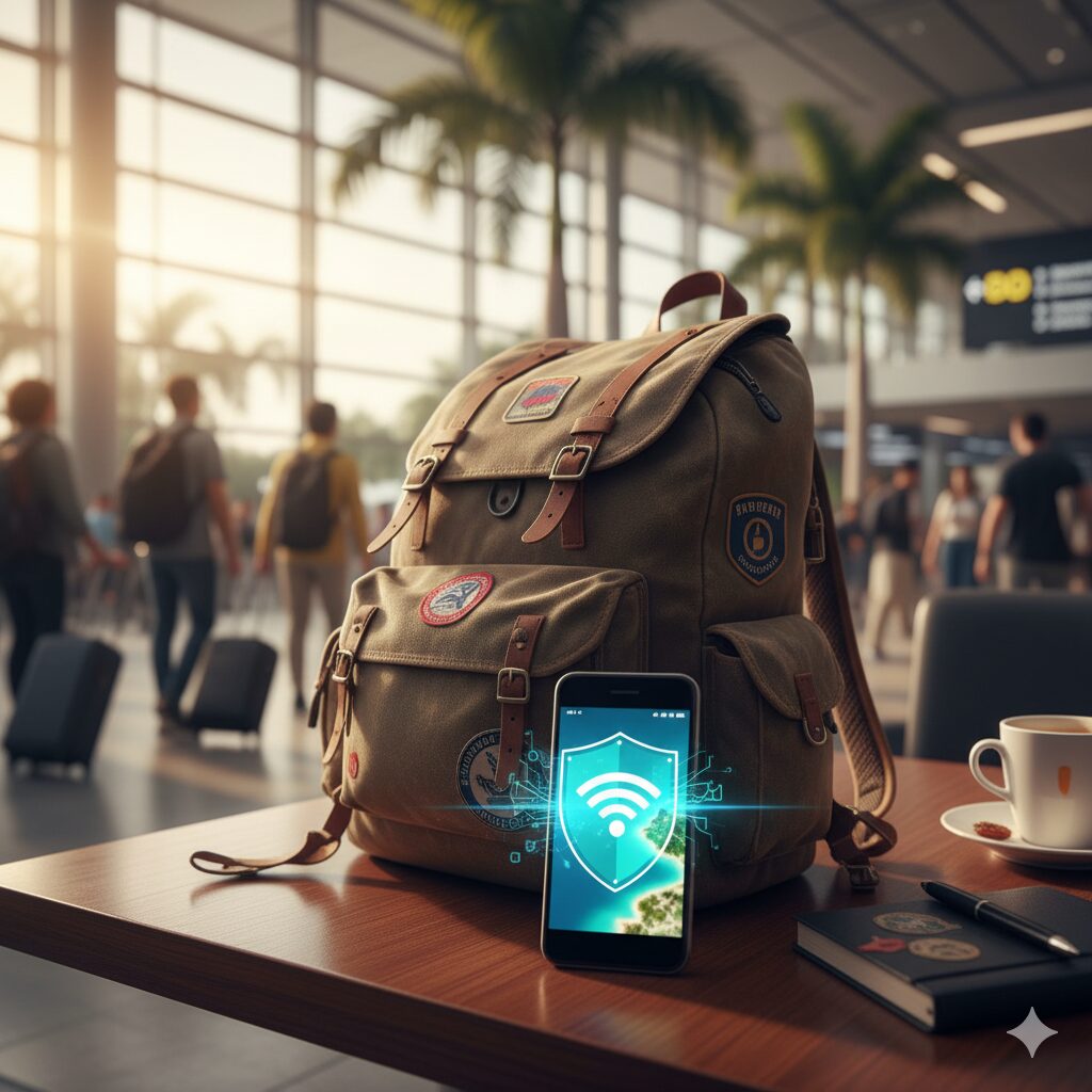 A backpacker's well-worn rucksack sits on a wooden table in an airport, next to a smartphone. The phone displays a Wi-Fi symbol overlaid with a security shield icon, symbolising safe internet browsing while travelling.