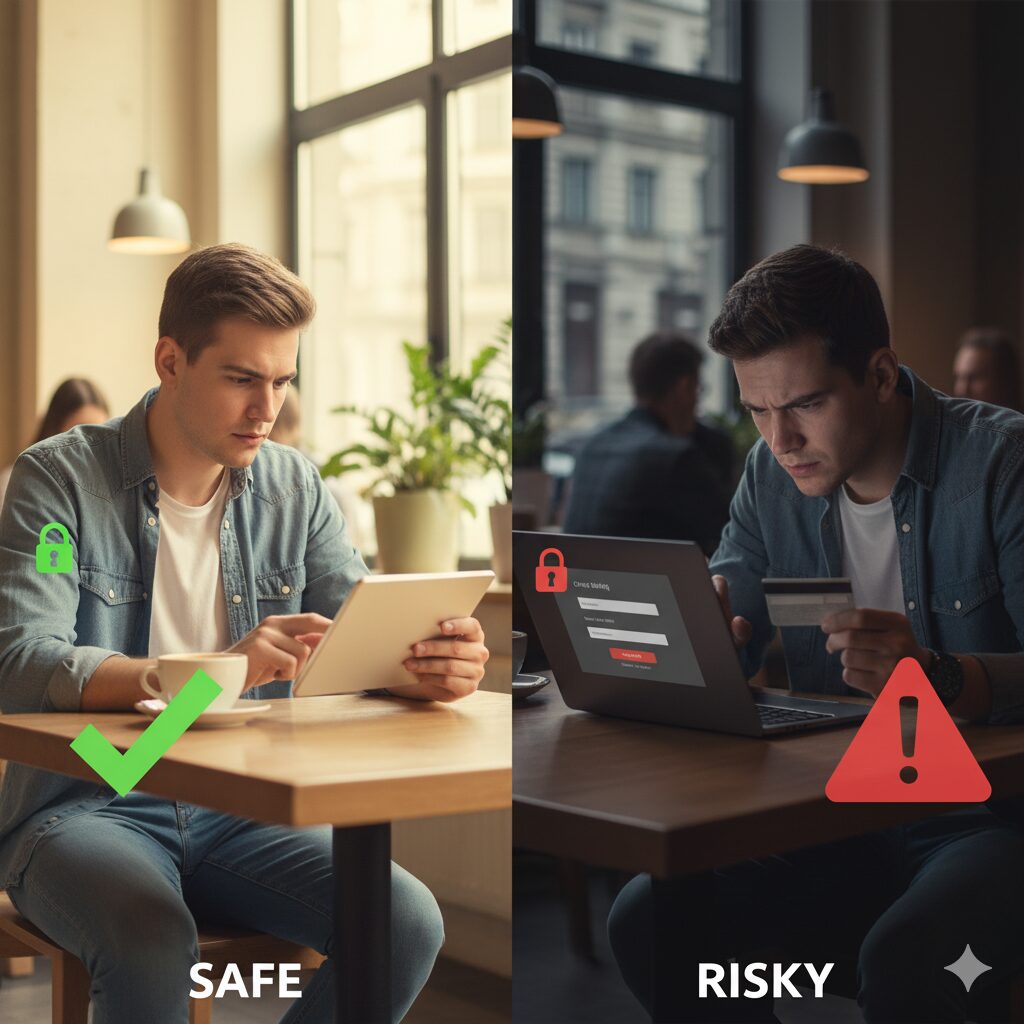 On the "Safe" side (left): A person is sitting in a bright, pleasant café, looking relaxed while casually browsing a news website or a blog on their tablet or laptop. The colour palette is warm and inviting, perhaps with green accents. A large, friendly green checkmark or a simple padlock icon could be subtly overlaid on this side to reinforce the idea of safety. On the "Risky" side (right): The same setting is shown, but the tone is more serious and cautious. The same person is now leaning closer to their laptop screen, which displays an online banking portal or a checkout page for an online store. They might be holding a credit card. The lighting on this side is slightly darker, with red accents. A prominent red warning sign (like an 'X' or an exclamation mark in a triangle) is overlaid, symbolising danger.