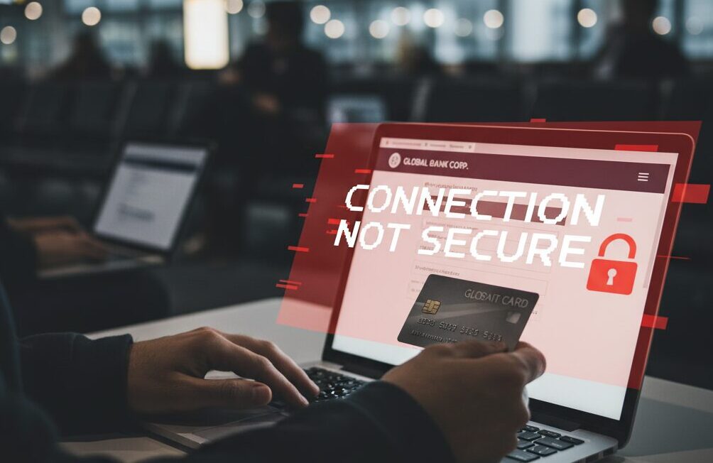 A person holding a credit card at a laptop that has a red 'Connection Not Secure' warning.