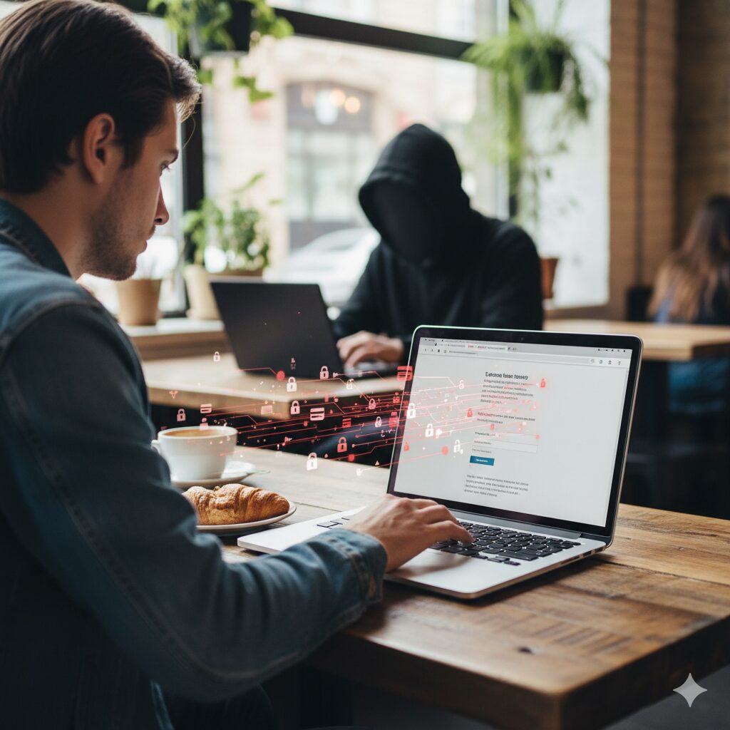 A person is sitting in a bright, modern café, casually working on a laptop. The focus is on them and their screen. In the background, slightly out of focus or as a stylised, shadowy overlay, is a hooded figure also on a laptop, symbolising a hacker. Red lines of data could be shown flowing from the user's laptop towards the hacker's device.