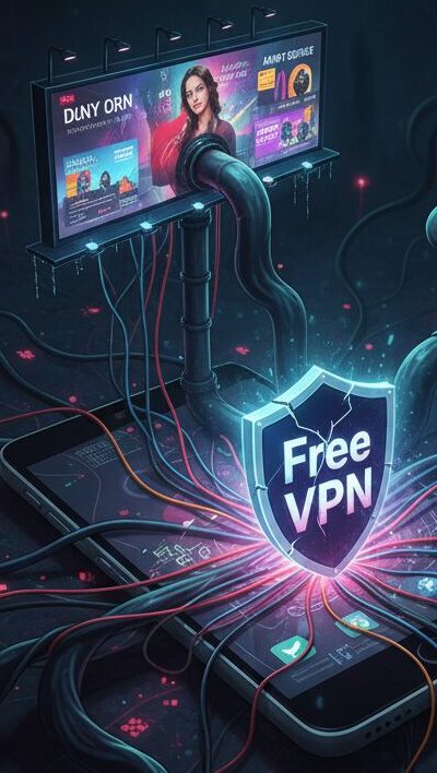 A stylized and conceptual illustration showing a smartphone in the centre. From the screen, which has a 'free VPN' icon, thin, digital streams of data leak outward. These data streams are tangled and chaotic, leading to shadowy, faceless figures and commercial logos in the background, symbolising data brokers and advertisers.